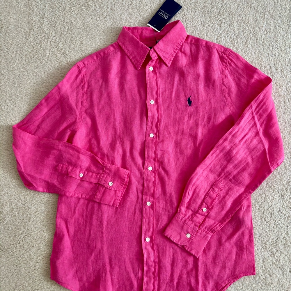 NWT Polo Ralph Lauren Women’s Pink Button-Up Linen Shirt Size M - Picture 8 of 10